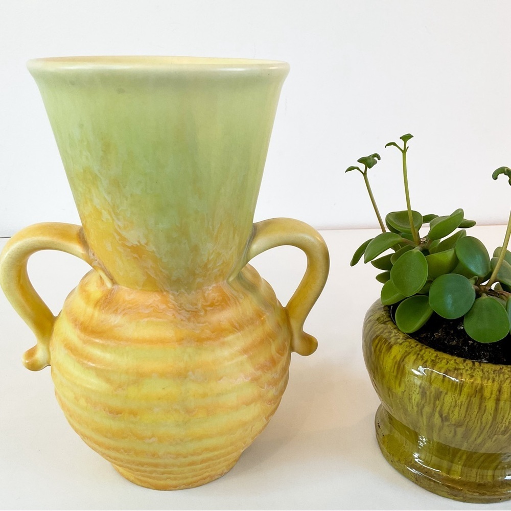 VINTAGE Mid-Century Pottery Vase Yellow Green Glaze Handled Urn Style 8.5" USA